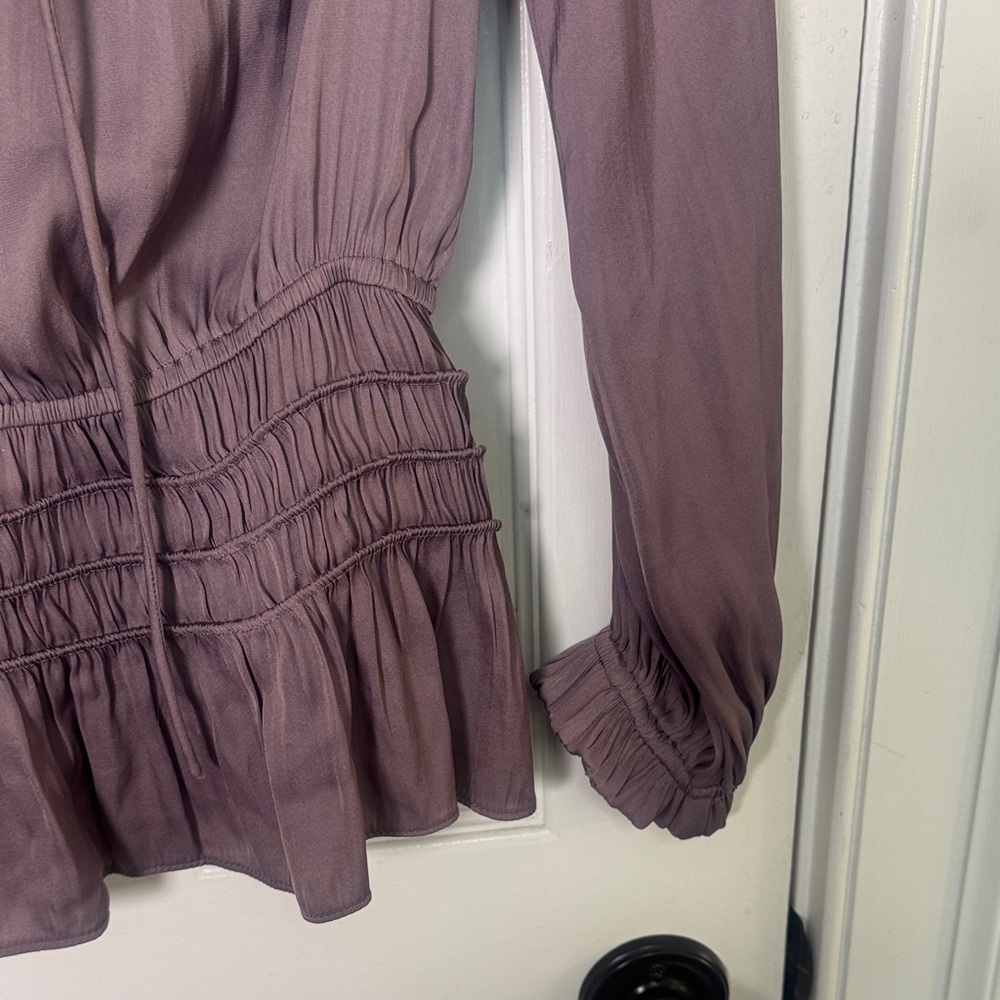 Current Air Smocked Peplum Blouse XS Purple Ruffle Neck Tie Long Sleeve Top - Picture 4 of 8
